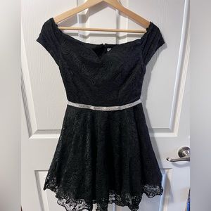 Small black lace formal dress with silver rhinestone detachable belt.